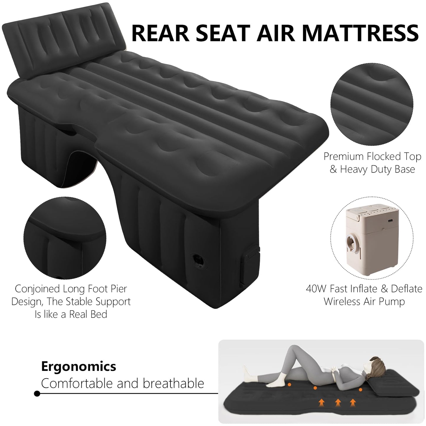 BEBAS Car Air Mattress - Truck Back Seat Bed & SUV Sleeping Pad, One-Piece Thickened Self-Inflating Travel Airbed, with Wireless Air Pump & Pillow | Black