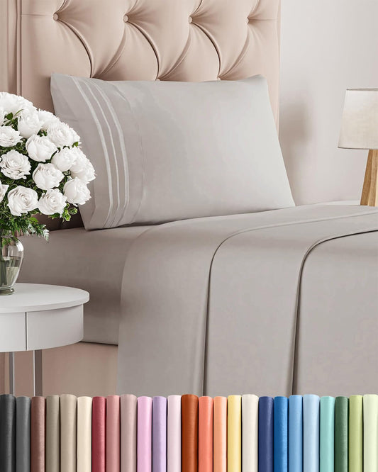 Twin Size 3 Piece Sheet Set - Comfy Breathable & Cooling Sheets - Hotel Luxury Bed Sheets for Women and Men - Deep Pockets, Easy-Fit, Soft and Wrinkle Free Sheets - Light Grey Oeko-Tex Bed Sheet Set