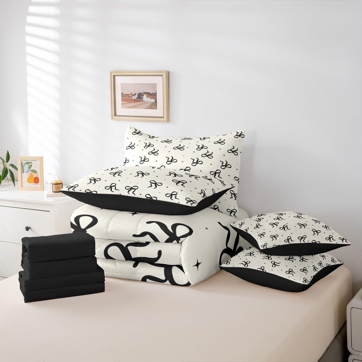 Erosebridal Black and Beige Bow Comforter Set with Sheets Teen Girls Coquette Bow Twin Size Bedding Modern Fashion Bed in A Bag 7-Piece for Women Minimalists Aesthetic Bowknot Bed Collections