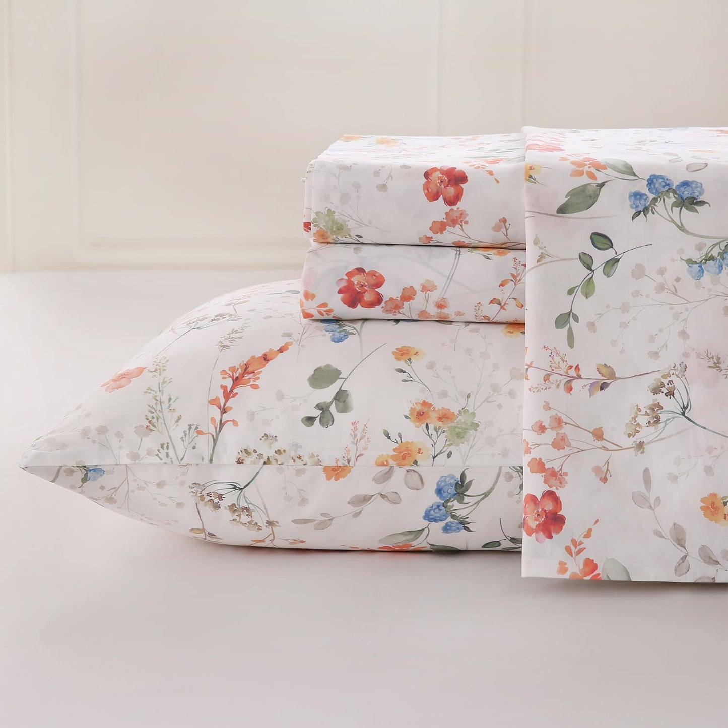 Zusbest Queen Sheet Set Floral Patterned 100% Percale Cotton Orange Blue Flower Sheets Set Green Botanical Printed on White Deep Pocket Fitted Sheets, Crisp Soft Breathable for Hot Sleepers, 4 Pcs