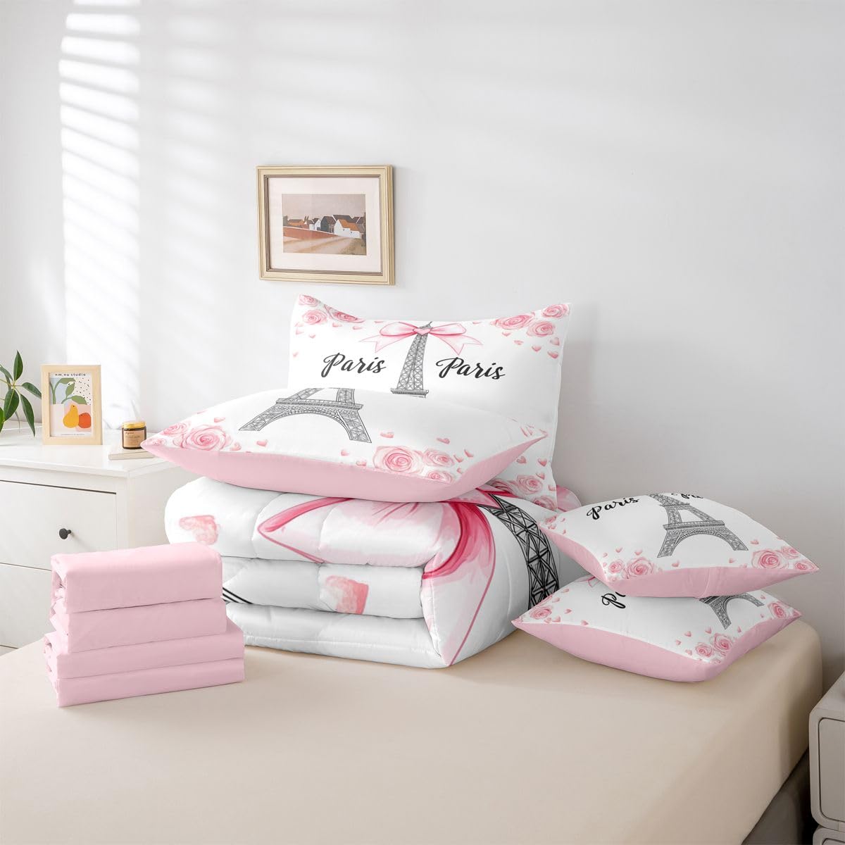 Erosebridal Eiffel Tower 7 Pcs Bedding Set Twin Kawaii Pink Bowknot Comforter Set with Sheets Rose Bed in A Bag Romantic Ribbon Bow Kids Girls Bedroom Decor