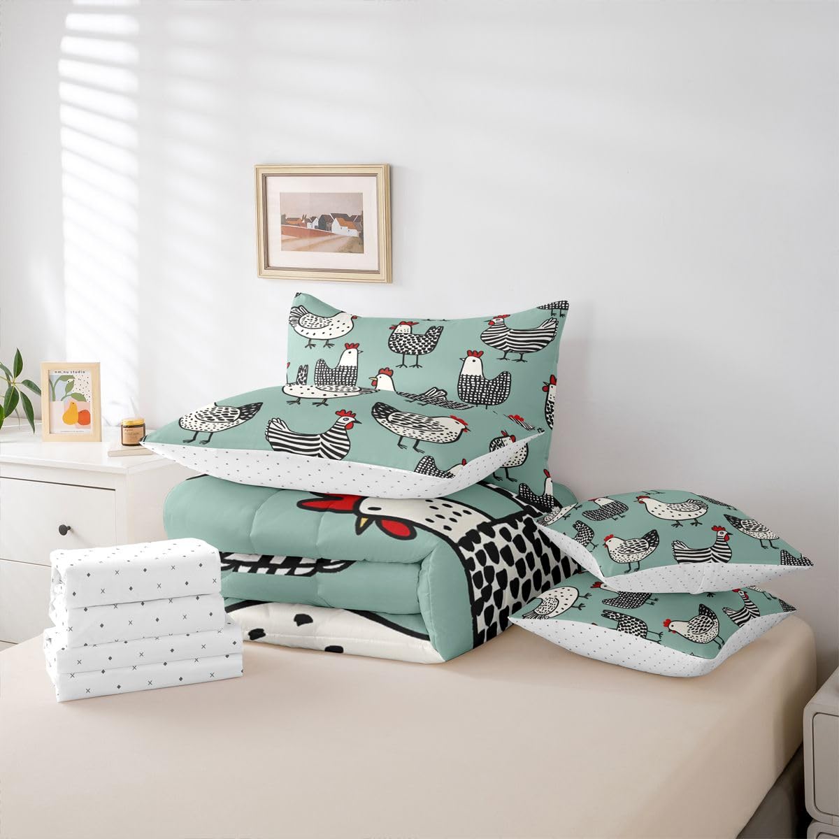 Erosebridal Chicken 7 Pcs Bedding Set Full Cartoon Chick Comforter Set with Sheets Cute Farmhouse Animal Bed in A Bag Teal Black Bedroom Decor