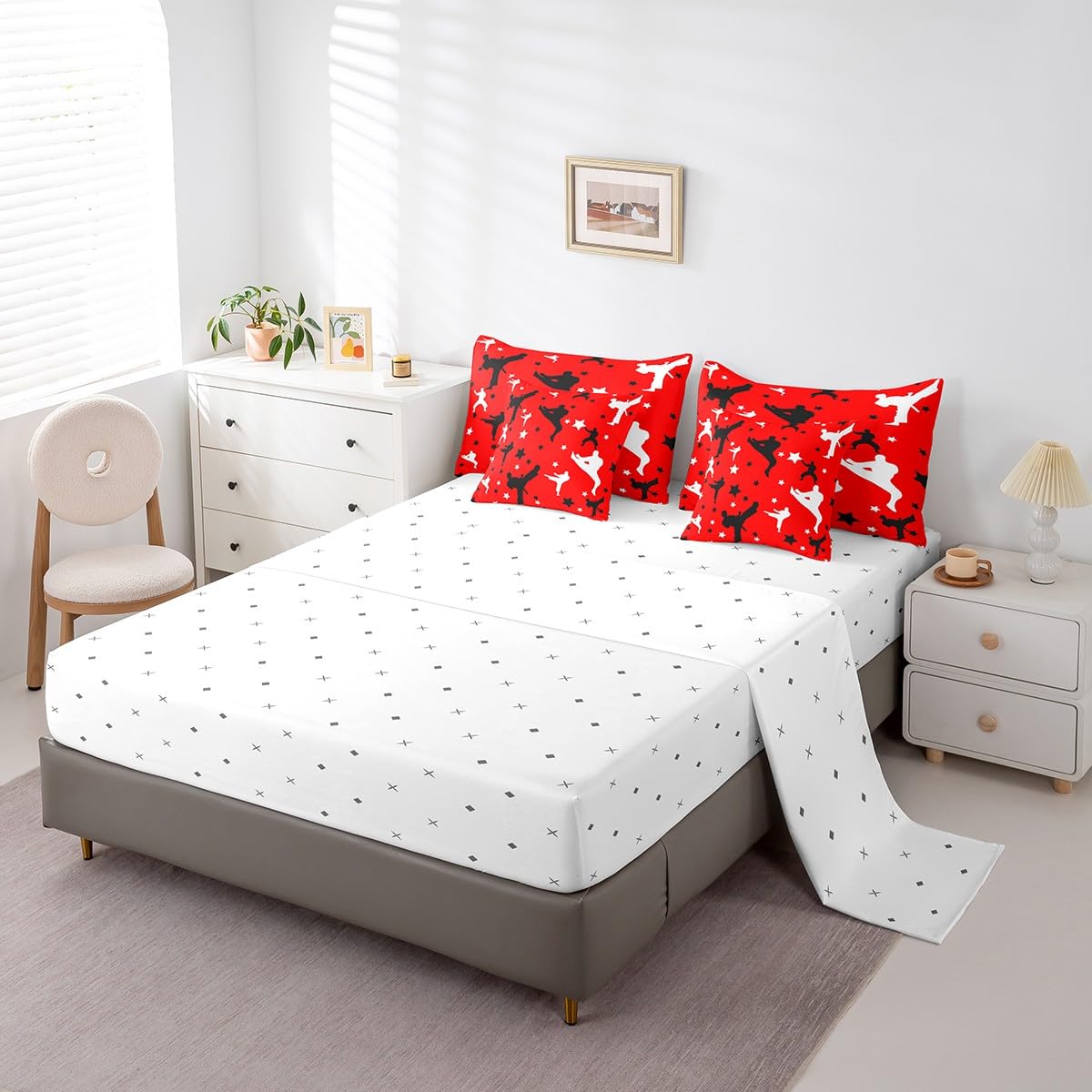 Erosebridal Taekwondo 7 Pcs Comforter Set Twin Japanese Style Bedding for Children Boys Girls Sports Samurai Stars Sheet Set Bed in A Bag Asian Kung Fu Karate Silhouette Bedroom Decor Bed Set