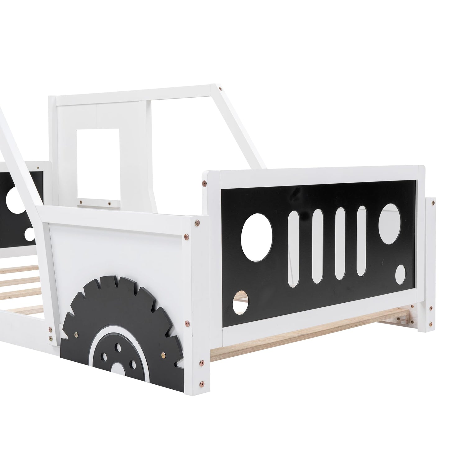 Bellemave Twin Size Car Bed, Classic Car-Shaped Platform Bed with Wheels, Wood Twin Montessori Floor Bed for Kids Boy Girls (White+Black)
