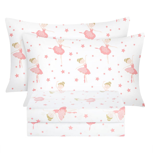BYSURE Full Sheets Set Kids(Ballerina, Pink), 4 Pieces Easy Fit Deep Pocket Sheets Set for Girls, Breathable Wrinkle-Free Microfiber Bedding for Children