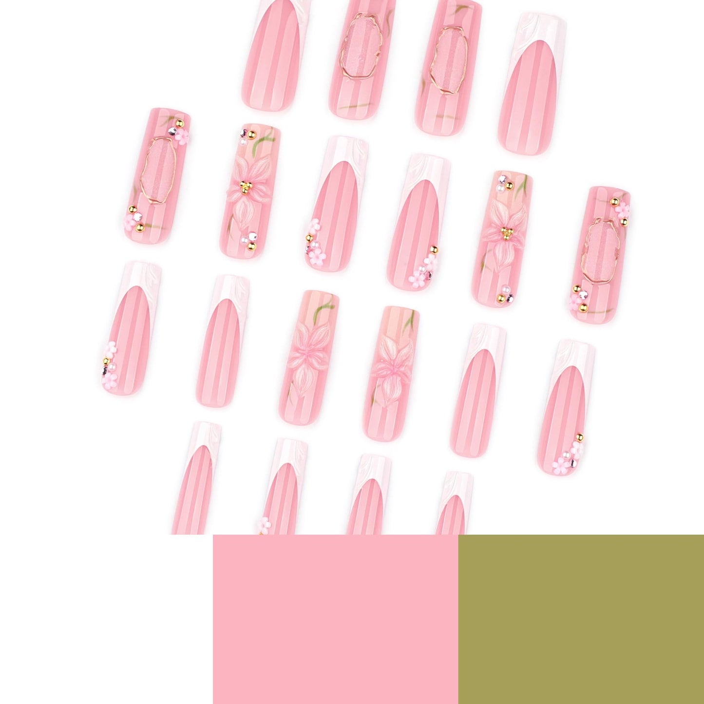 plalely White Press on Nails Square Long 3D Flowers Press on False Nails Gold Embossed Charms Stick on Nail for Women 24pcs