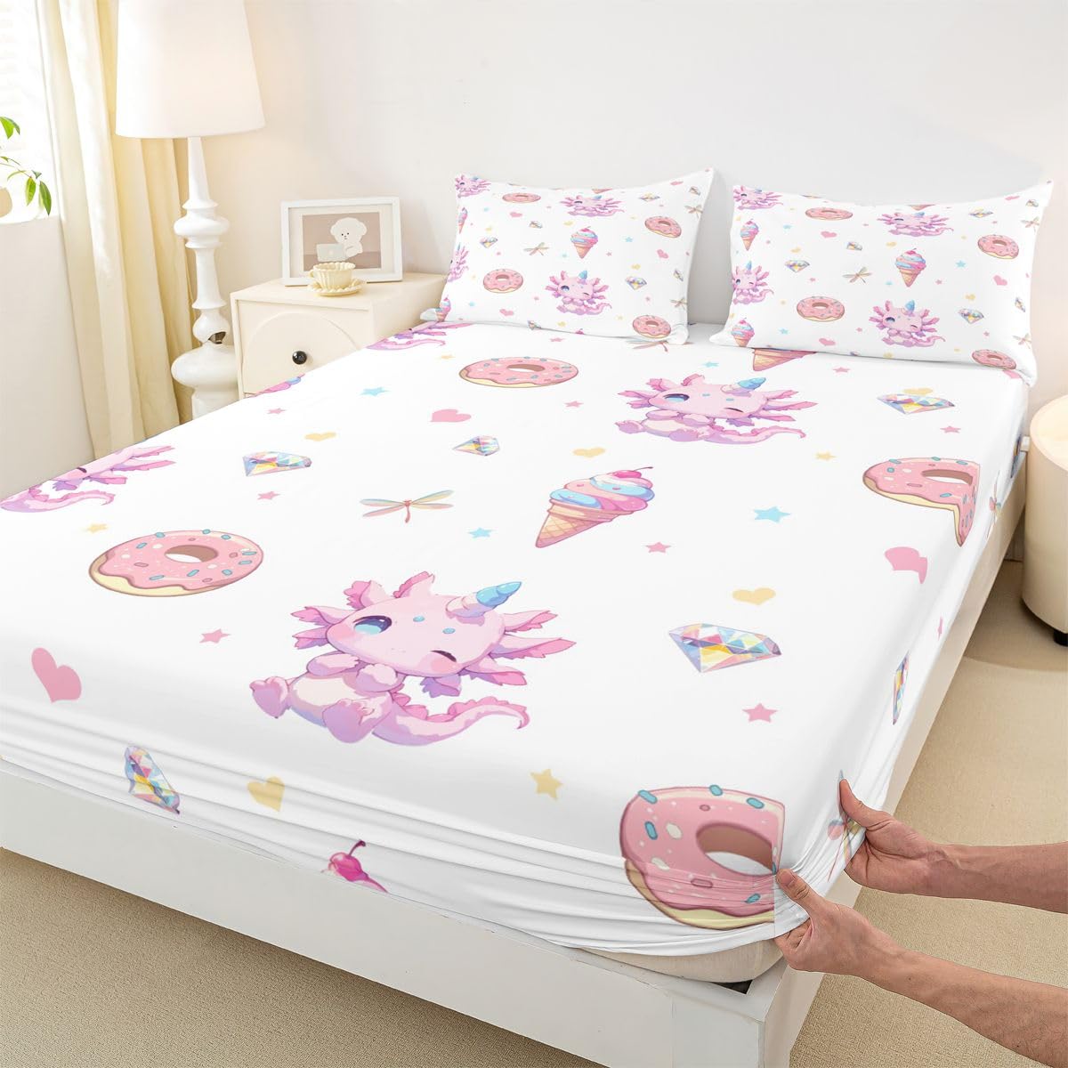 Castle Fairy Cartoon Dinosaur Fitted Sheet Queen Size (No Flat),Donut Ice Cream Bedding Sets 3Pcs,Girls Boys Adult Room Decor,Love Heart Bed Cover Diamond Dragonfly Deep Pocket Sheet,2 Pillowcases
