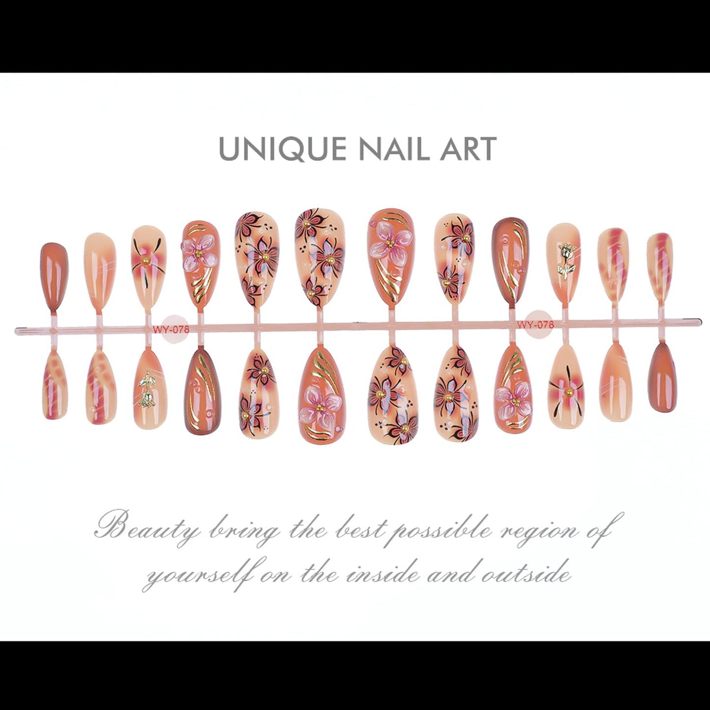 24Pcs Luxury Handmade Nails Kit 3D Flower Almond Press on Nails Medium Almond Brown with 3D Gold Beads Carved Floral Nails Designs Reusable Acrylic False Nails for Women