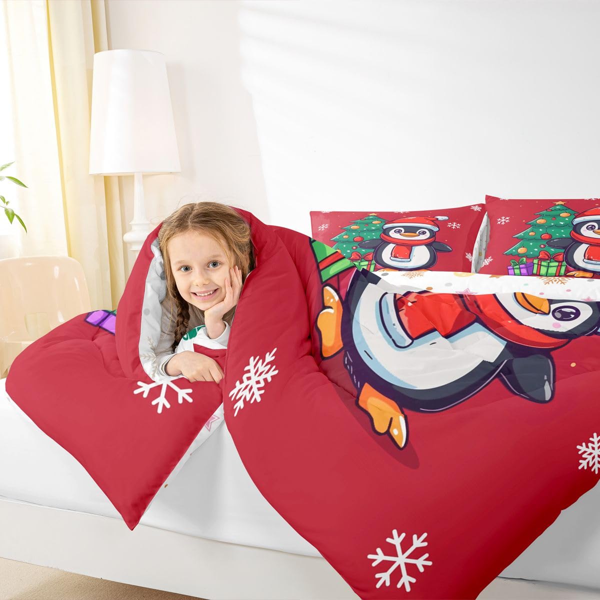 Erosebridal Christmas Penguin Comforter Set Queen Santa Hat Penguin Bedding Set Antarctic Animal Print Comforter for Kids Boys Girls,Xmas Tree Snowflake Gifts Quilt Duvet