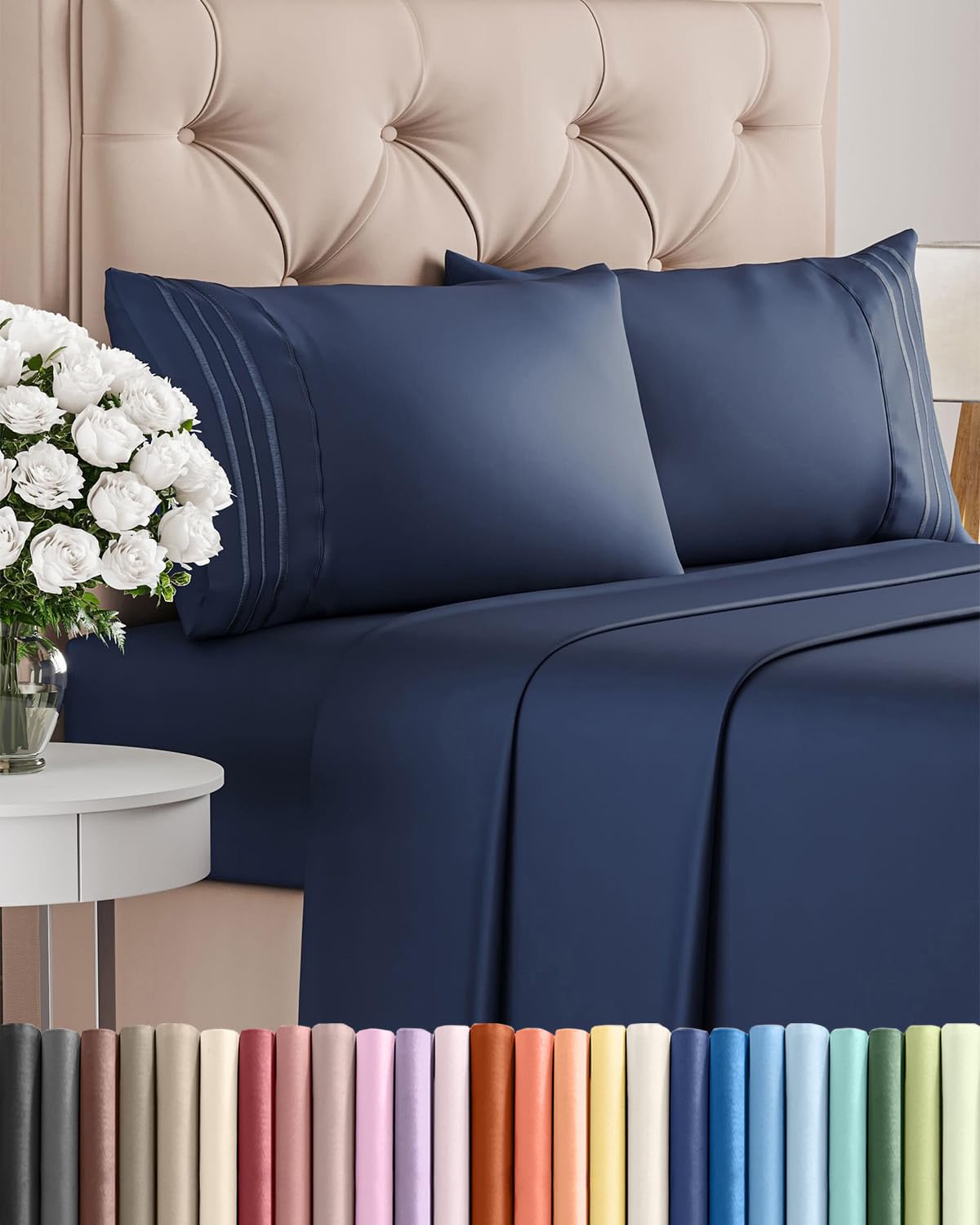Queen Size 4 Piece Sheet Set - Comfy Breathable & Cooling Sheets - Hotel Luxury Bed Sheets for Women and Men - Deep Pockets, Easy-Fit, Soft and Wrinkle Free Sheets - Navy Blue Oeko-Tex Bed Sheet Set