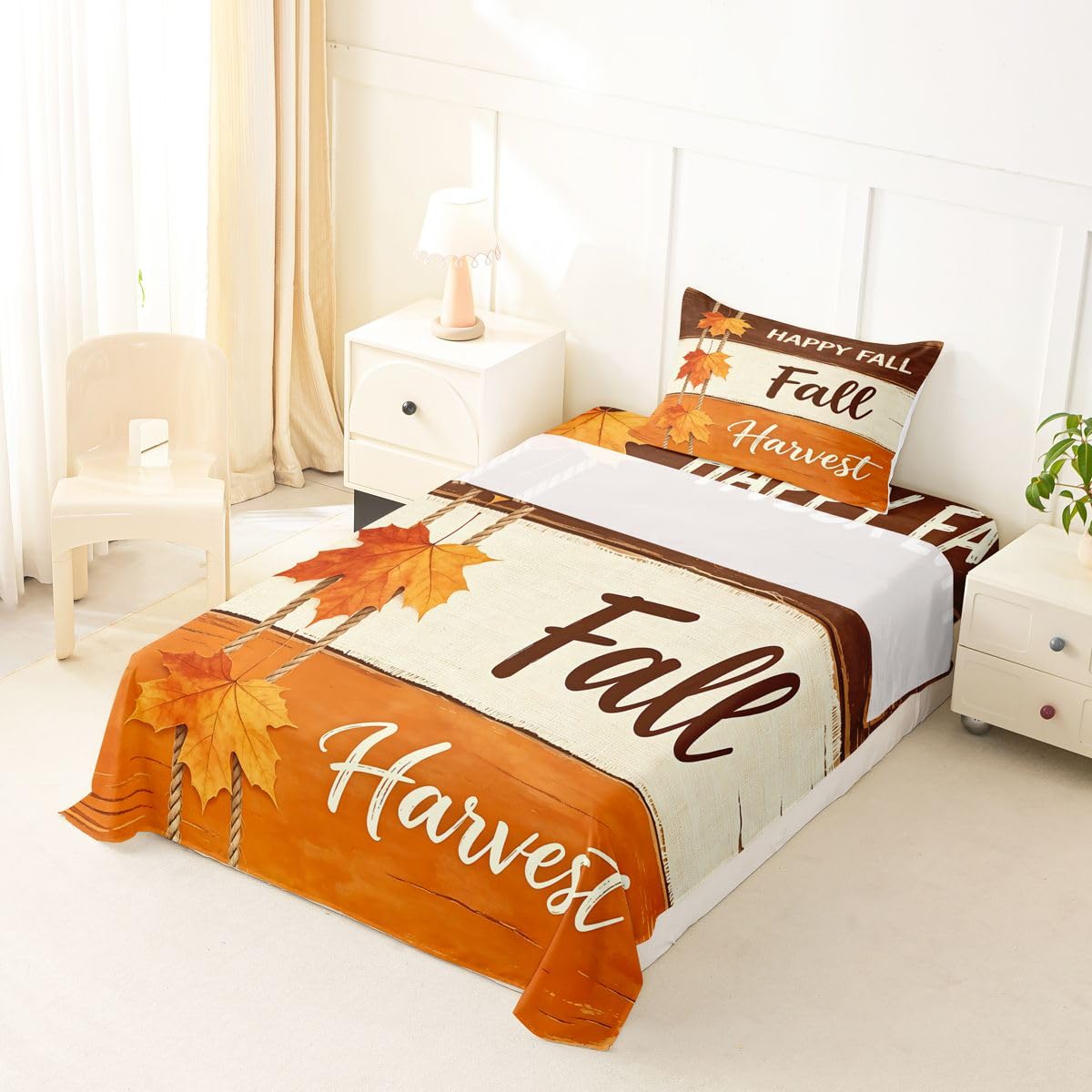 Erosebridal Happy Fall Bed Sheets Twin Size Rope Hanging Maple Leaf Sheet Set Kids Adults Rustic Plank Texture Bedding Set Modern Farmhouse Art Sheets