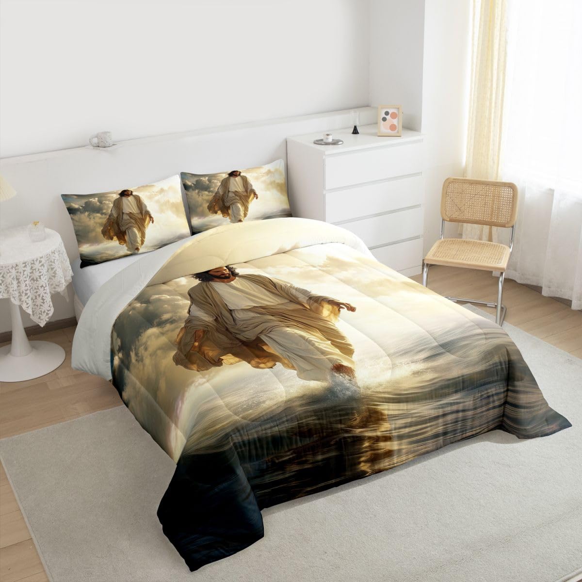 God Walking on Water Kids Comforter Set Twin Size,Western Faith Bible Verse Bedding Set Boys Girls Room Decor,Spiritual Artwork Quilt Comforter,Yellow Gray Duvet Set Bedroom Quilt Set,1 Pillowcase