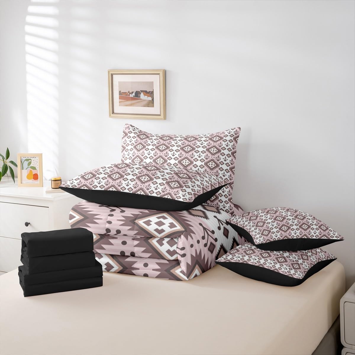 Erosebridal 7 Pcs Country Western Bedding Set King Native Aztec Southwestern Comforter Set Boho Exotic Bed in A Bag for Adults Bohemian Mexican Diamond Quilt with Flat Fitted Sheet