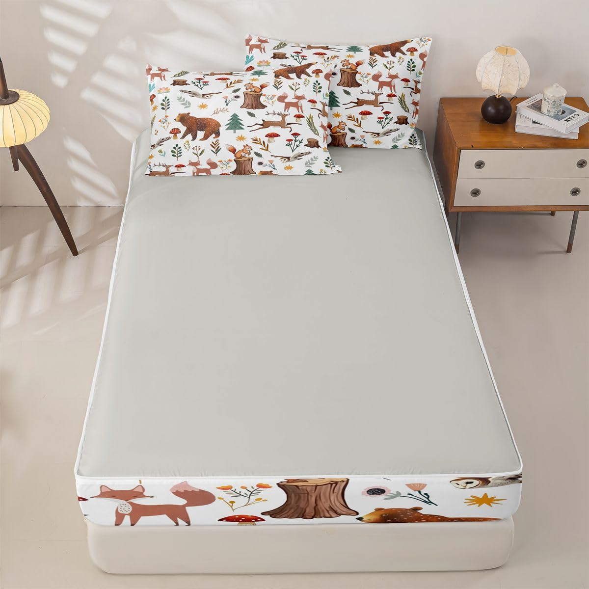 Erosebridal Woodland Animal Zip Up Comforter Set Bear Deer Forest Theme Twin Zipper Bedding Wildlife Hunting Theme Bed Set with Sheets Farmhouse Cabin Wildflower Mushroom Bed in a Bag Bedroom Decor
