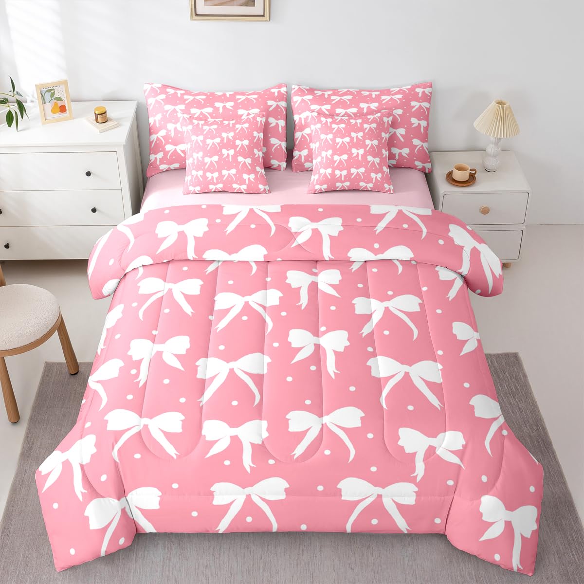 Feelyou Bow Comforter Set with Sheets 7 Piece Queen Size Cute Bowknot Bedding Set for Kids Boys Girls Princess Style Bed in a Bag Pink and White Room Decor Kawaii Soft Lightweight Microfiber