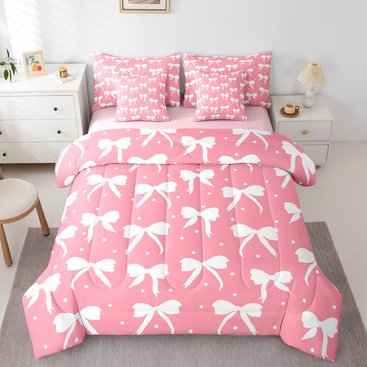 Feelyou Bow Comforter Set with Sheets 7 Piece Queen Size Cute Bowknot Bedding Set for Kids Boys Girls Princess Style Bed in a Bag Pink and White Room Decor Kawaii Soft Lightweight Microfiber