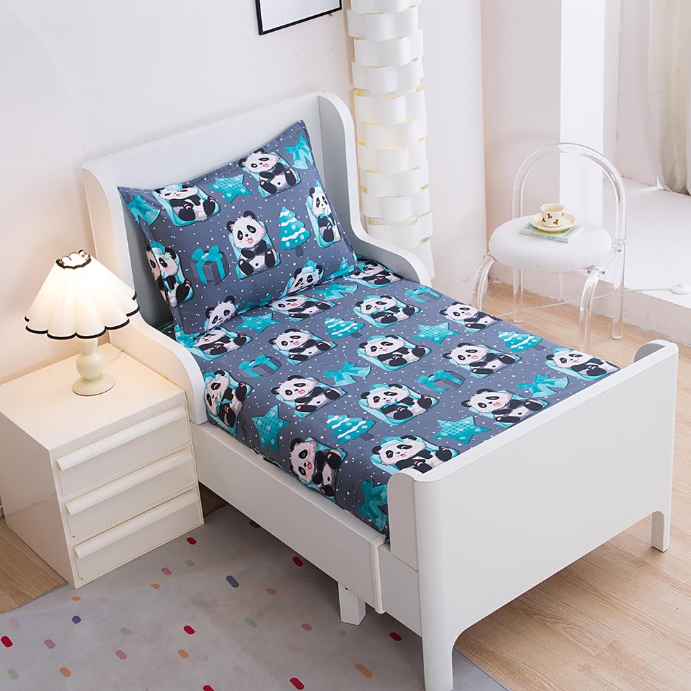 KWLOVER 2PC Soft Bed Fitted Sheet and Pillowcases Set,Cute Panda Pattern Printed Bed Sheets for Kids Boys Girls Twin Size Bed (Grey Panda, Twin)