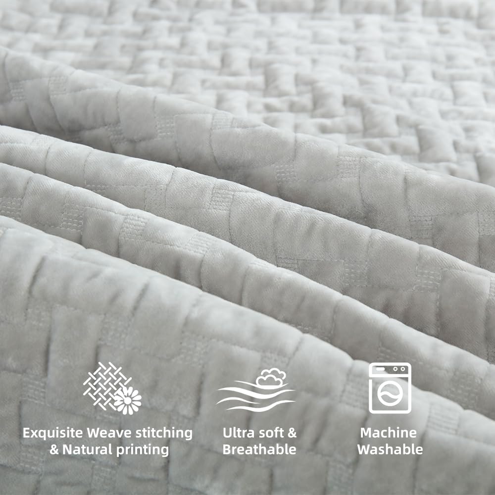 Liians Velvet Bedspread Quilt Bedding Sets,Luxury Elegant Ultra Soft Velvet Comforters Coverlet Blankets,Weave Stitching Pattern Cotton Quilted Bedspread for All Seasons,Beige,King Size