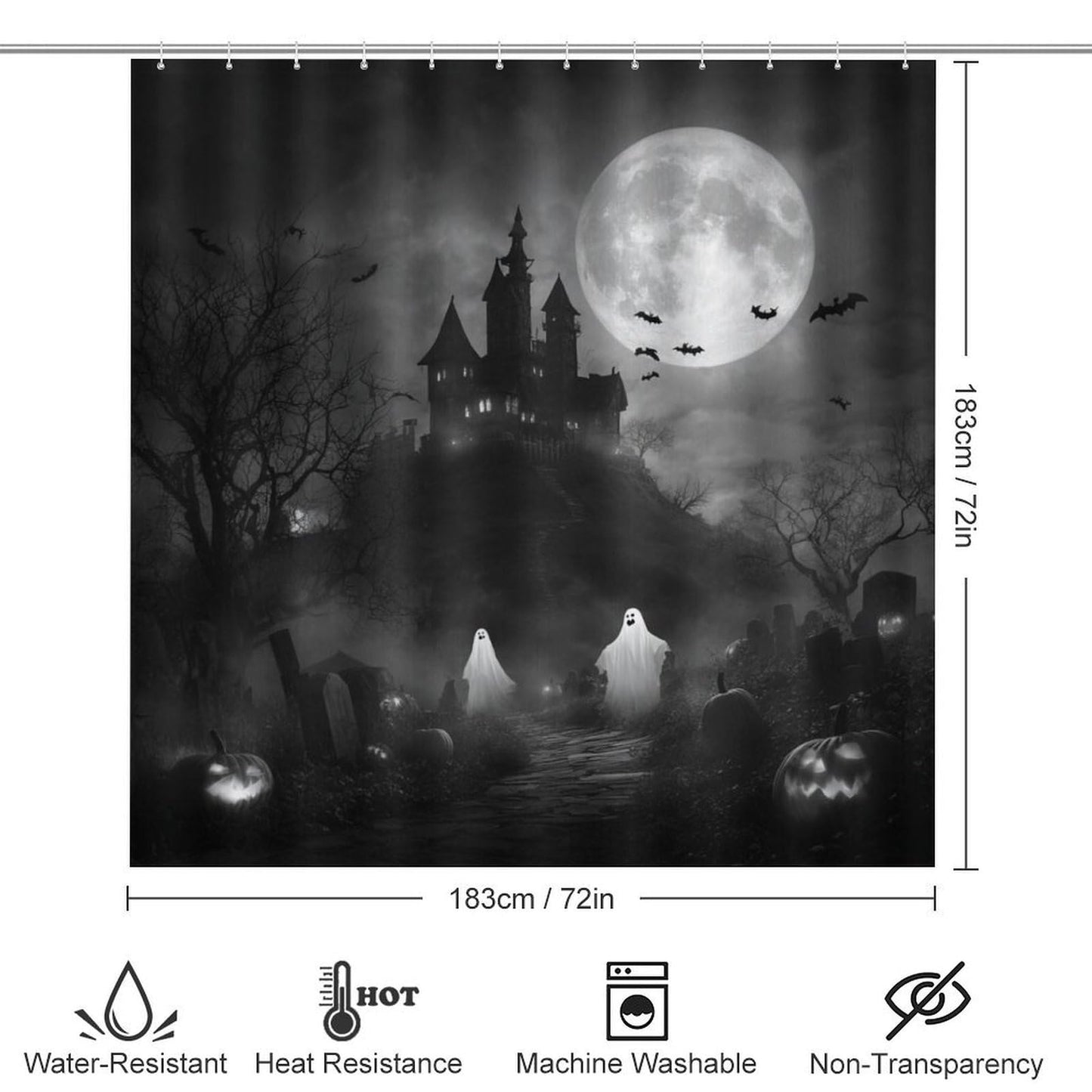 INSFBRB Abstract Horror Halloween Shower Curtain Sets with Rug,Toilet Lid Cover and Bath Mat,Rustic Retro Gothic Castle Halloween Pumpkin Bat Ghost Full Moon 4 Piece Bathroom Set