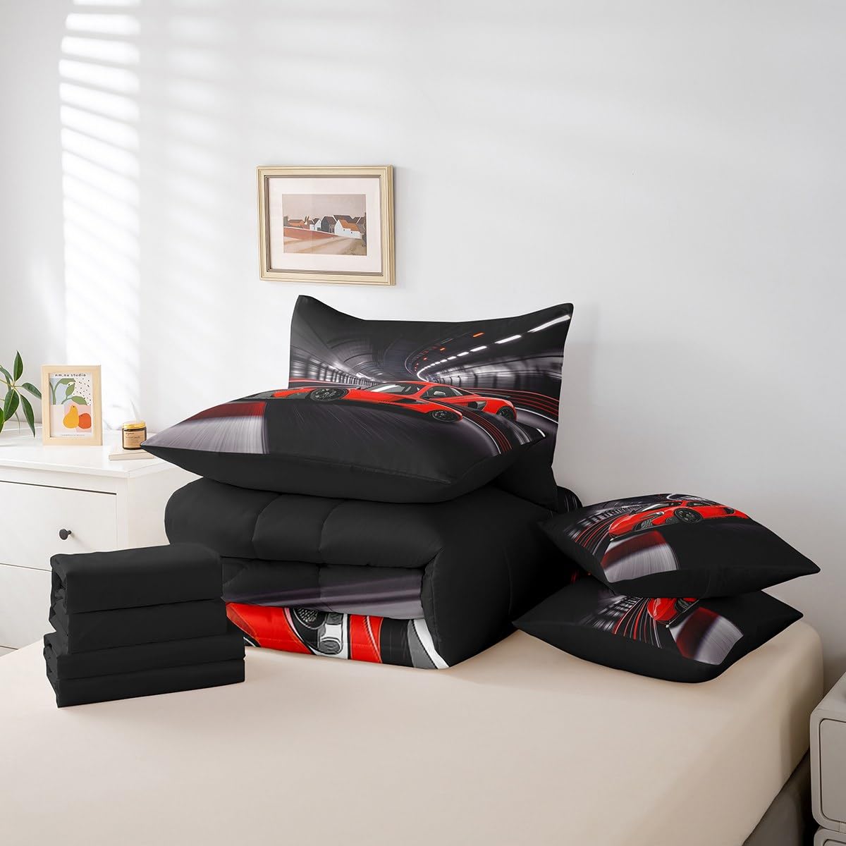 Speed Sports Car Bed Set Tunnel 7 Pieces Bedding Set for Kids Red Racing Car Bed in a Bag with Comforter, Sheets, Pillowcases Ultra Soft Extreme Sports All Season Breathable Lightweight Twin Size