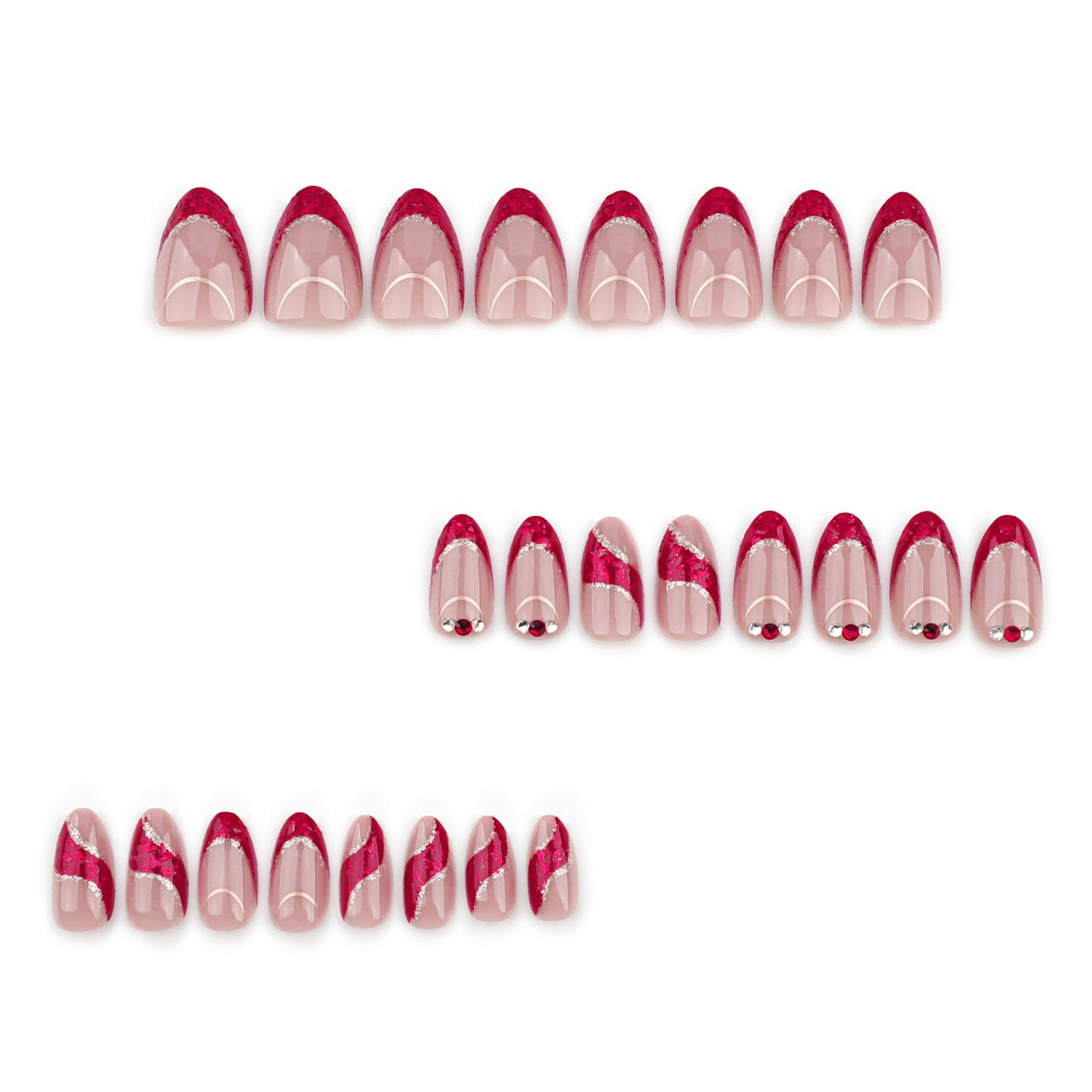 French Tip Press on Nails Short Almond Fake Nails Red Gold Foil Stripes Rhinestone Glitter Stick on Nails Reusable Full Cover with Jelly Glue False Nail for Women 24Pcs