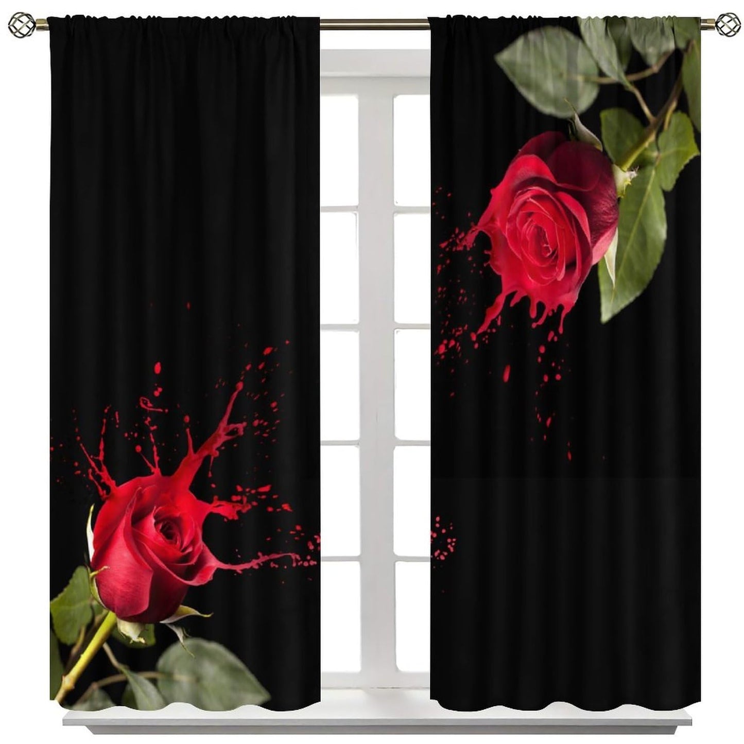 GoDazzling Rustic Romantic Red Rose Curtains, Vintage Floral Leaves Rod Pocket Window Drapes, for Bedroom Living Room 41" W X 45" L (No Blackout)