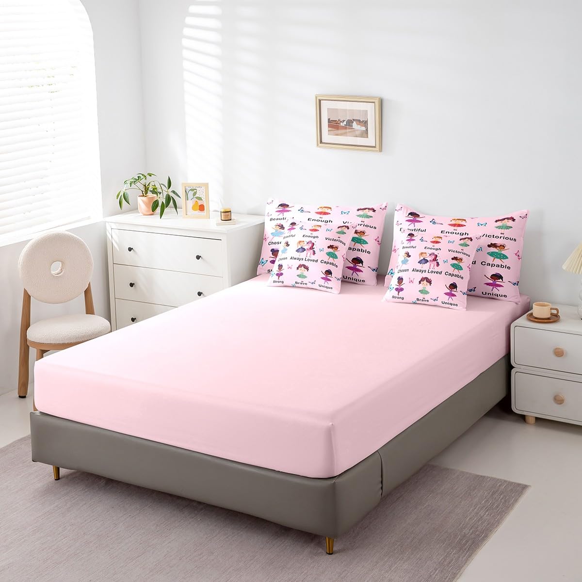 Erosebridal 7 Piece Girls Pink Princess Kids Comforter Set King Bed in a Bag,Ballet Bedding Set,Dancing Girls Inspirational Duvet Insert,Dreamy Princess Style Sheet Set,Butterfly Unicorn Quilt