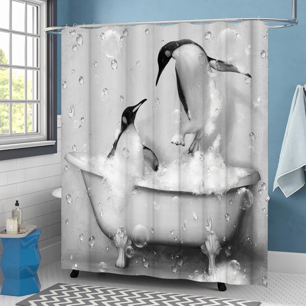 KREATIVE ARTS Funny Penguin Shower Curtain Cute Animal Takes Bath in Grey Bathtub with Bubbles Bathroom Curtain Fabric Shower Curtain Bathroom Accessories 12 Hooks 72x72