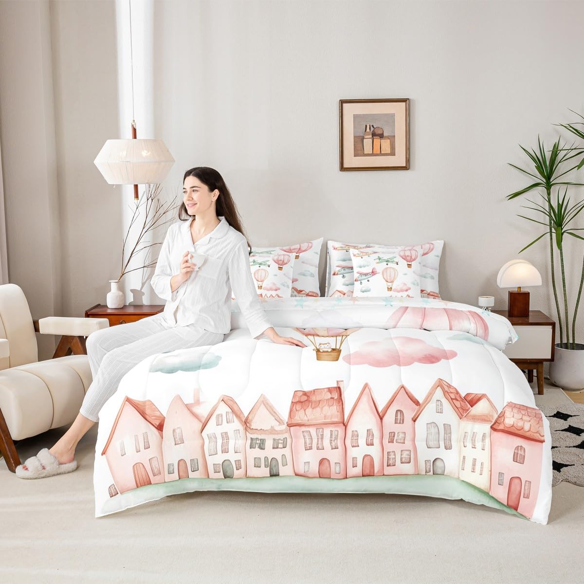 Erosebridal Cartoon Airplane Twin 7 Pcs Bedding Set, Pink Aircraft Comforter Set with Sheets for Girls Kids Youth Women Bedroom, Cute Cat Pink Hot Air Balloon Bed in A Bag, Colorful Cloud Bed Sets
