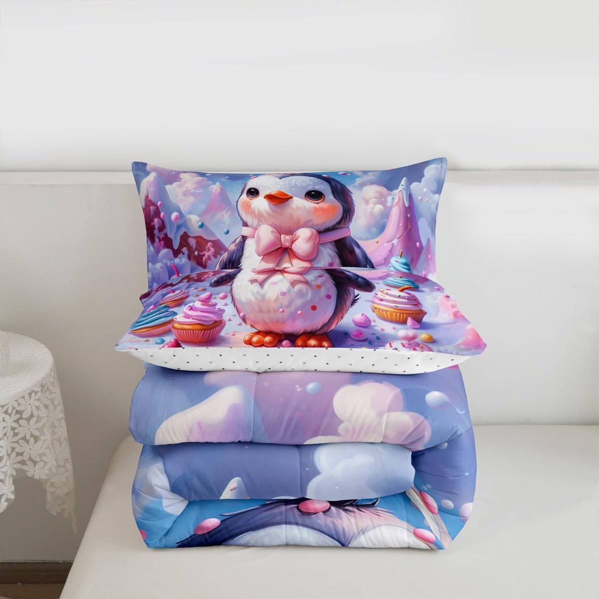 Erosebridal Cute Penguin Comforter Set Queen Kawaii Penguin Bedding Set Antarctica Animals Wildlife Print Comforter for Kids Boys Girls,Colorful Desserts Quilt Duvet