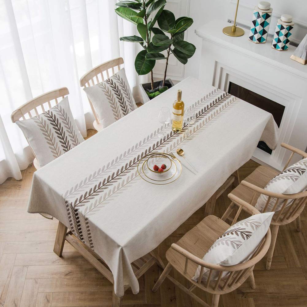 Bringsine Embroidery Wheat Ear Tablecloth Heavy Weight Cotton Linen Fabric Dust-Proof Water-Proof Table Cloth Cover for Kitchen Dinning Tabletop Decoration (Rectangle/Oblong, 53 x 53 Inch, Linen)