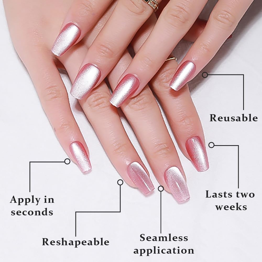 evpct Pink Cat Eye Press on Nails Square Medium Coffin No Glue, Medium Square Stick on Nails for Women, Plum Pink Metallic Glitter Glossy Reusable Spring Summer Press on Acrylic Fake Nail with Design