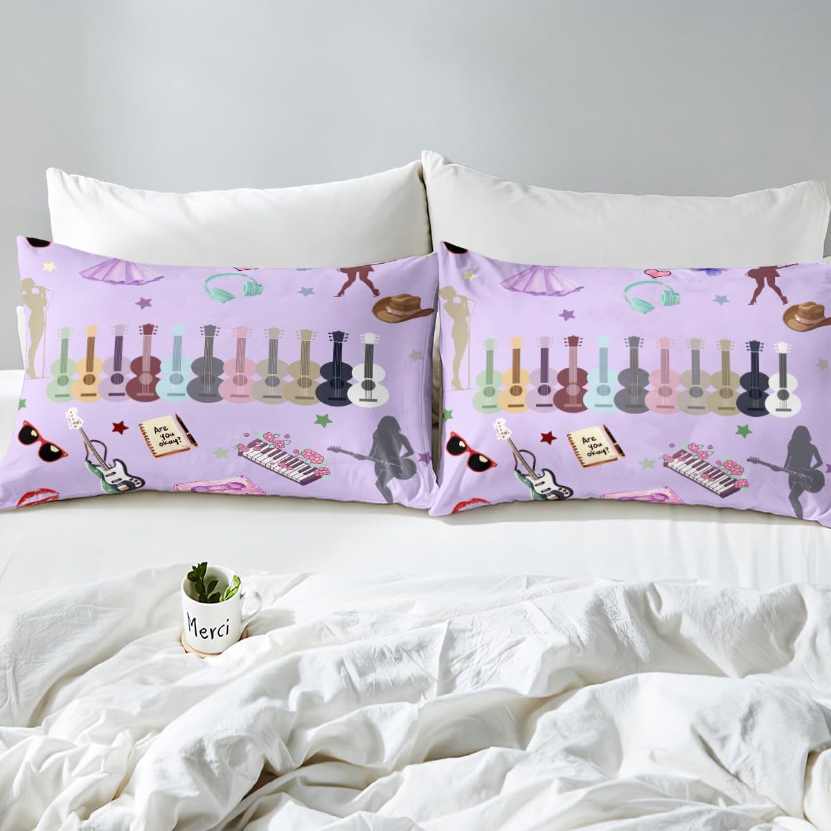 Erosebridal Music Fans Print King Bed Sheets Set Guitar Sheet Set Purple Sheets Modern Fashion Flat Fitted Sheet Gift for Singer Fans