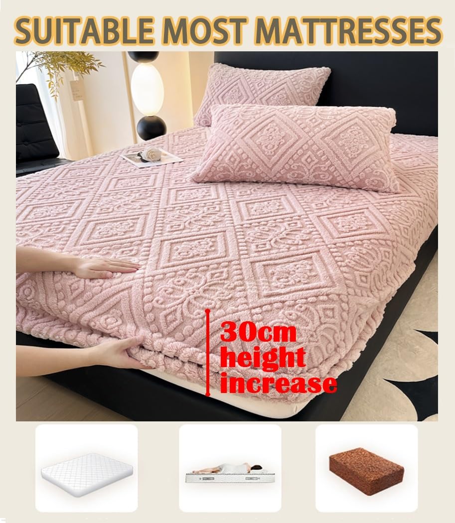 Elastic Bed Sheets Bohemian Taffeta Velvet Full Fitted Sheet, Ultra Soft Mattress Protector Fluffy Plush Bedding(Beige,Twin)