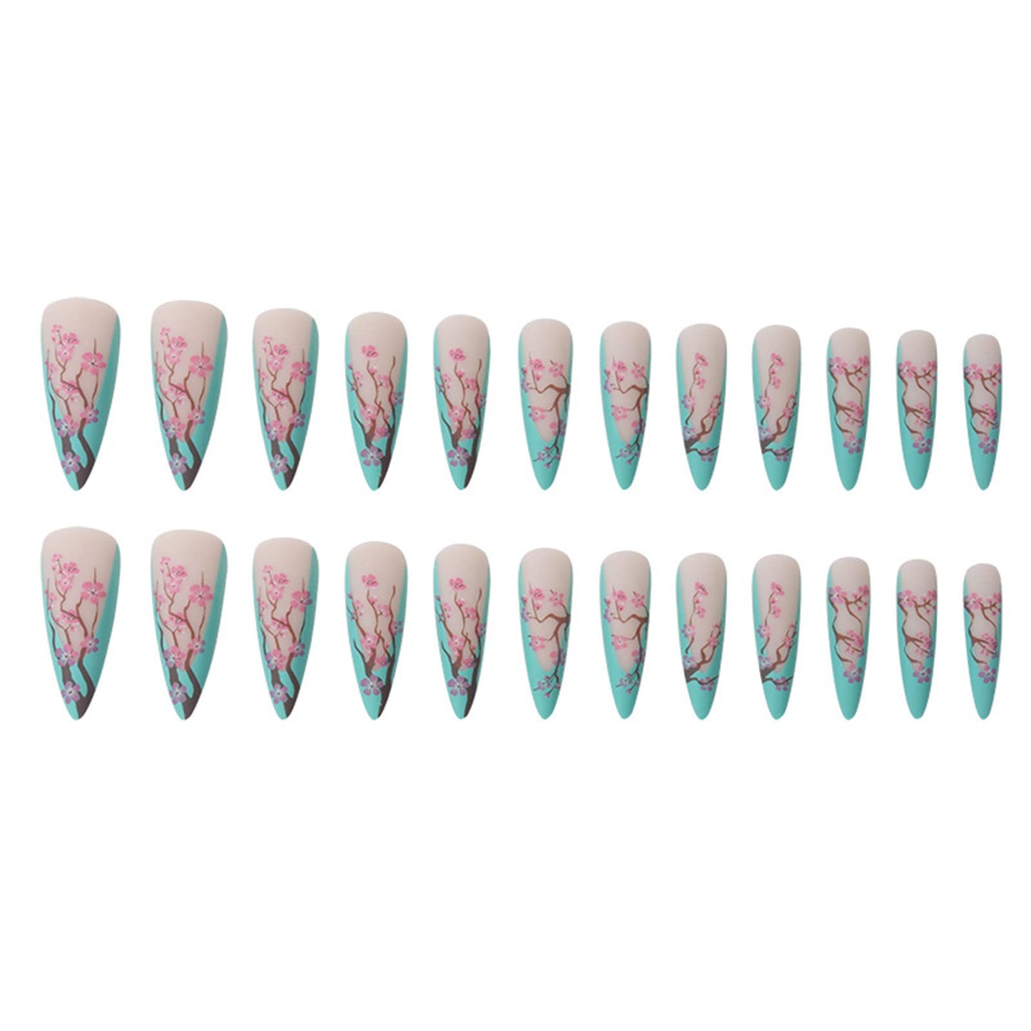 SINHOT Long Press On Nails Stiletto False Nails French Tip Fake Nails Ombre Glue on Nail Plum Blossom Acrylic Nail with Designs for Women and Girls