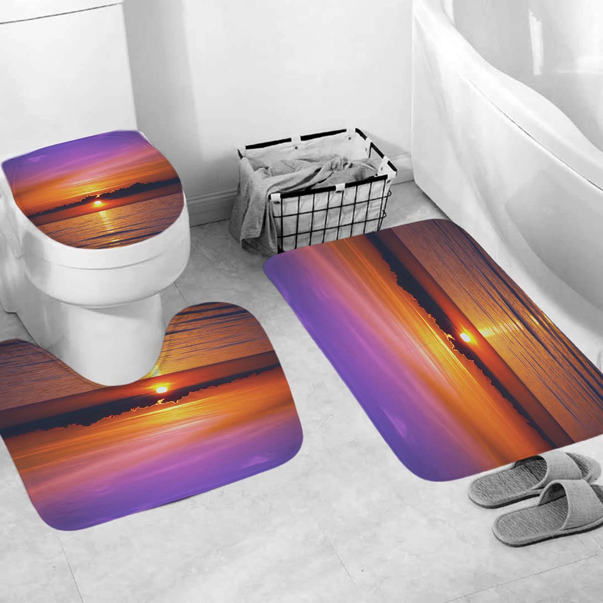 DDS-DUDES Beach Sunset Shower Curtain Set for Bathroom, Ocean Sunrise Purple Sky Shower Curtains Waterproof Polyester Curtains 71WX71H Inch with Hooks (Sunset 1)