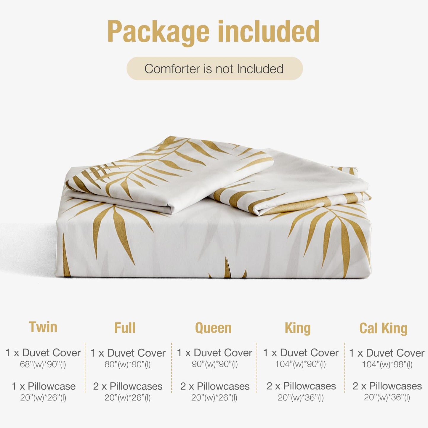 Lekesky King Duvet Cover Set, White and Gold Tropical Palm Leaf Pattern Comforter Cover King Size, 3 Pieces Soft Microfiber Bedding Sets with Zipper & 2 Pillowcases, Comforter Not Included