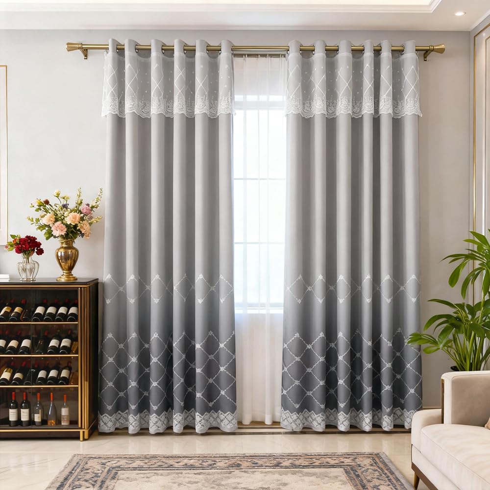 Amidoudou 1 Pair Double Layer Geometric Curtains for Living Room Gradient Diamond Pattern Embroidered Curtains for Bedroom (Grey,54x84 Inch)