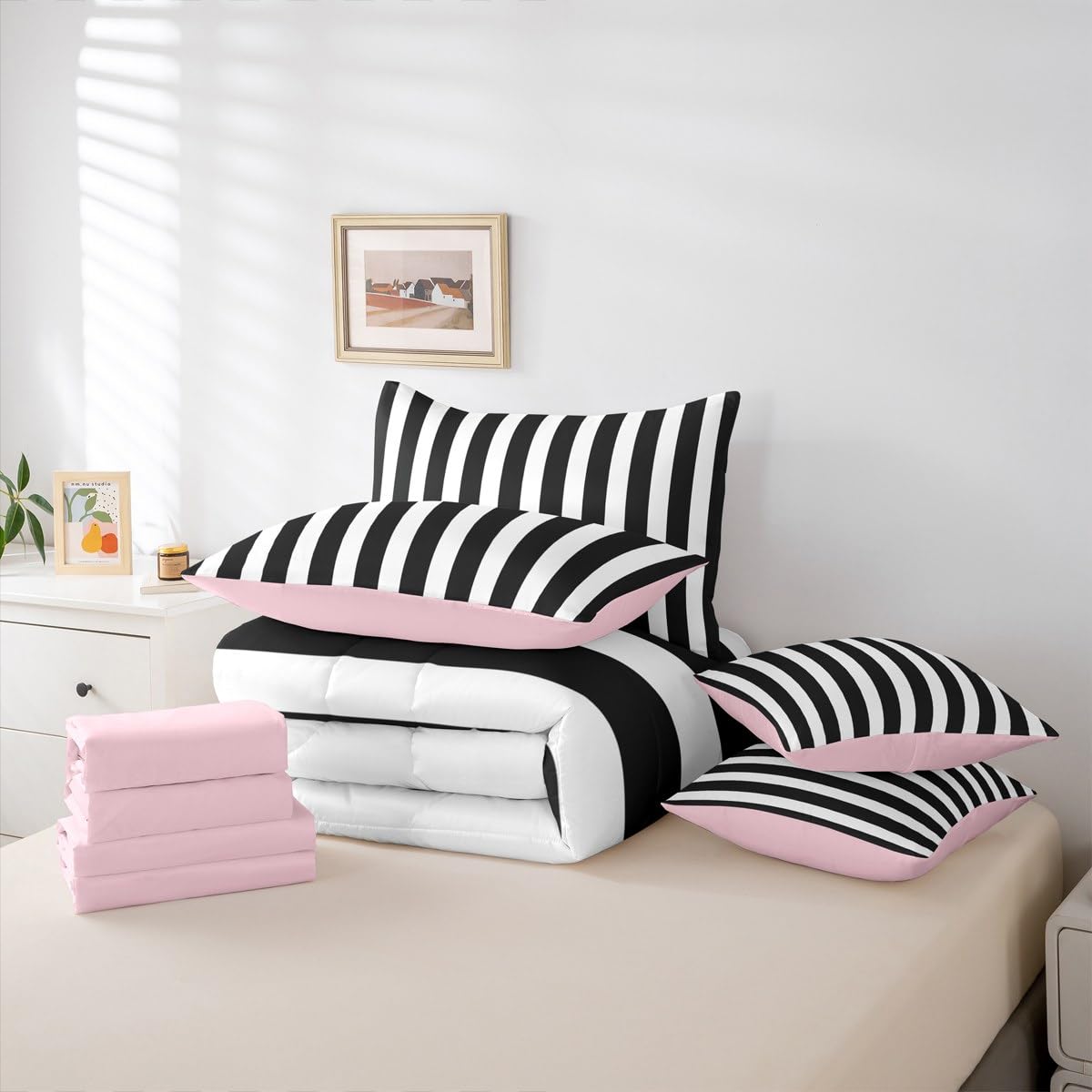 Erosebridal Black and White Striped King 7-Piece Bedding Set | Striped Comforter Set with Sheets Pink and Black Bed in a Bag for Kids Teens Adults Cute Pinstripe Girls Bedding Sets & Collections