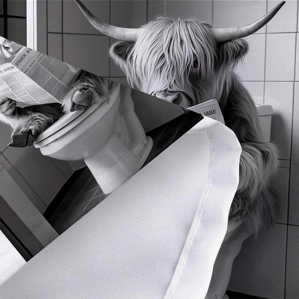 JAWO Funny Shower Curtain Farmhouse Highland Cow Country Shower Curtain Funny Shower Curtains for Bathroom Grey White Cow Sitting on The Toilet Reading a Newspaper Bathroom Decor Western Cattle 72X72