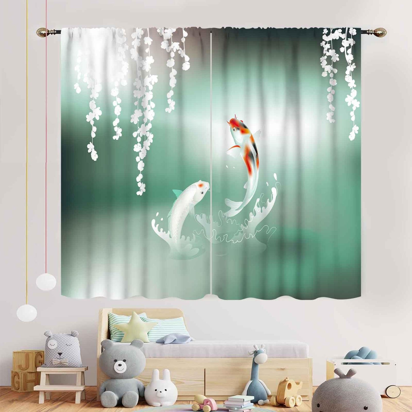 Koi Fish Curtains, Traditional Japanese Koi Carp Fish Printed Oriental Asian Style Retro Green Teal Curtains Drapes Treatmens for Bedroom Living Room Kitchen Bathrooom Windows 2 Panels, 42"x45" Inch