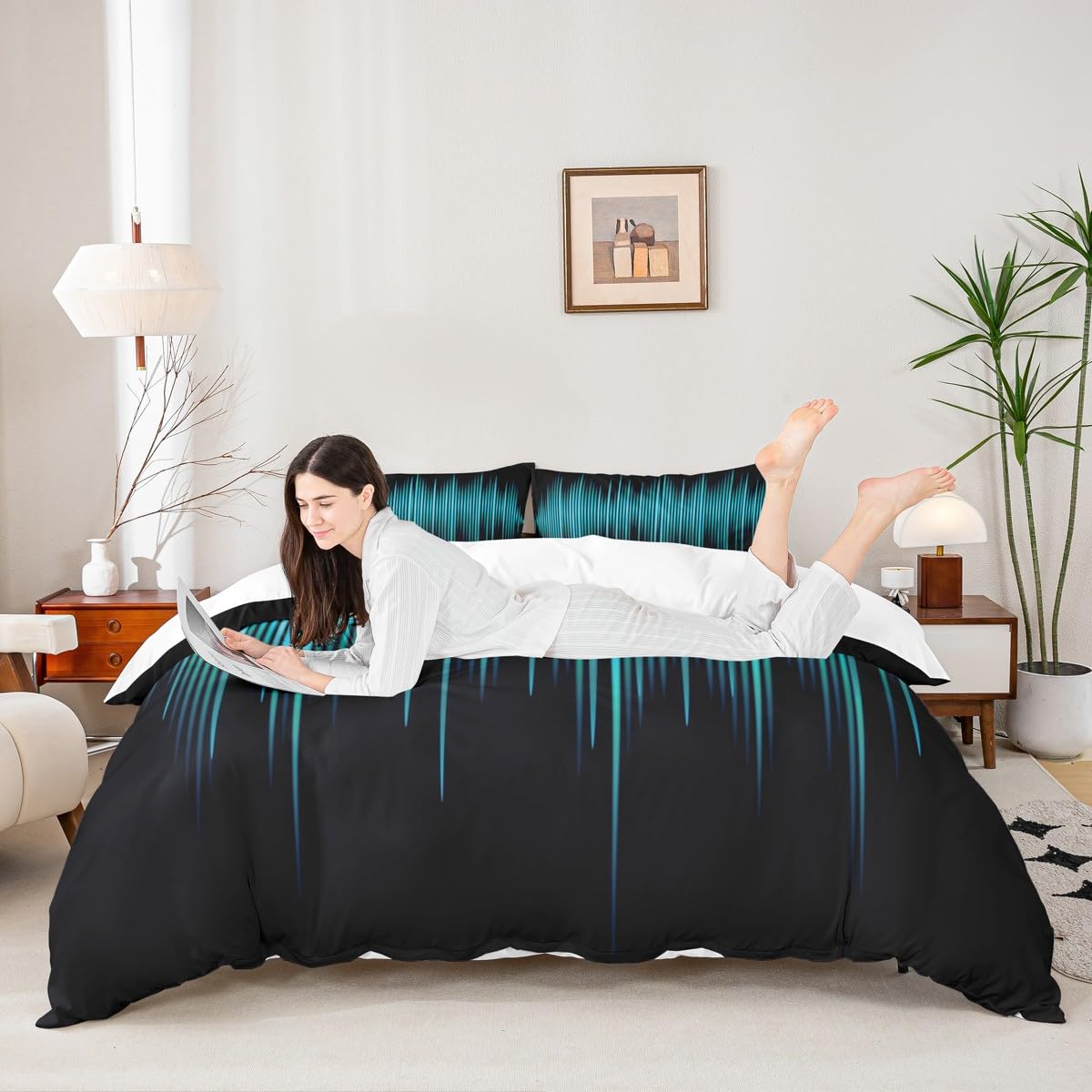 Geometric Abstract Kids Duvet Cover Set King Size,Blue Gradient Striped Lines Bedding Set,Boys Girls Adults Bedroom Decor,Modern Fashion Comforter Cover,Black Simple Quilt Cover,3pcs,2 Pillowcases
