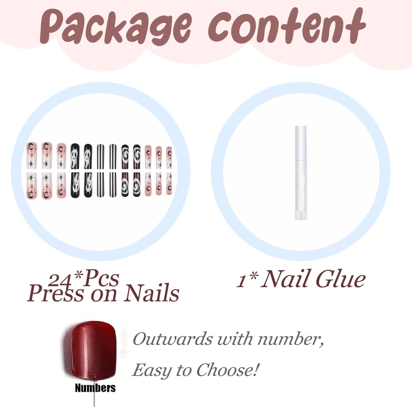 BABALAL Punk Press on False Nails Long Square Fake Nails Black Goth Glue on Ghost Moon Swirl Design Halloween Custom Supplies Art 24Pcs XL Glossy Manicure Acrylic False Nails