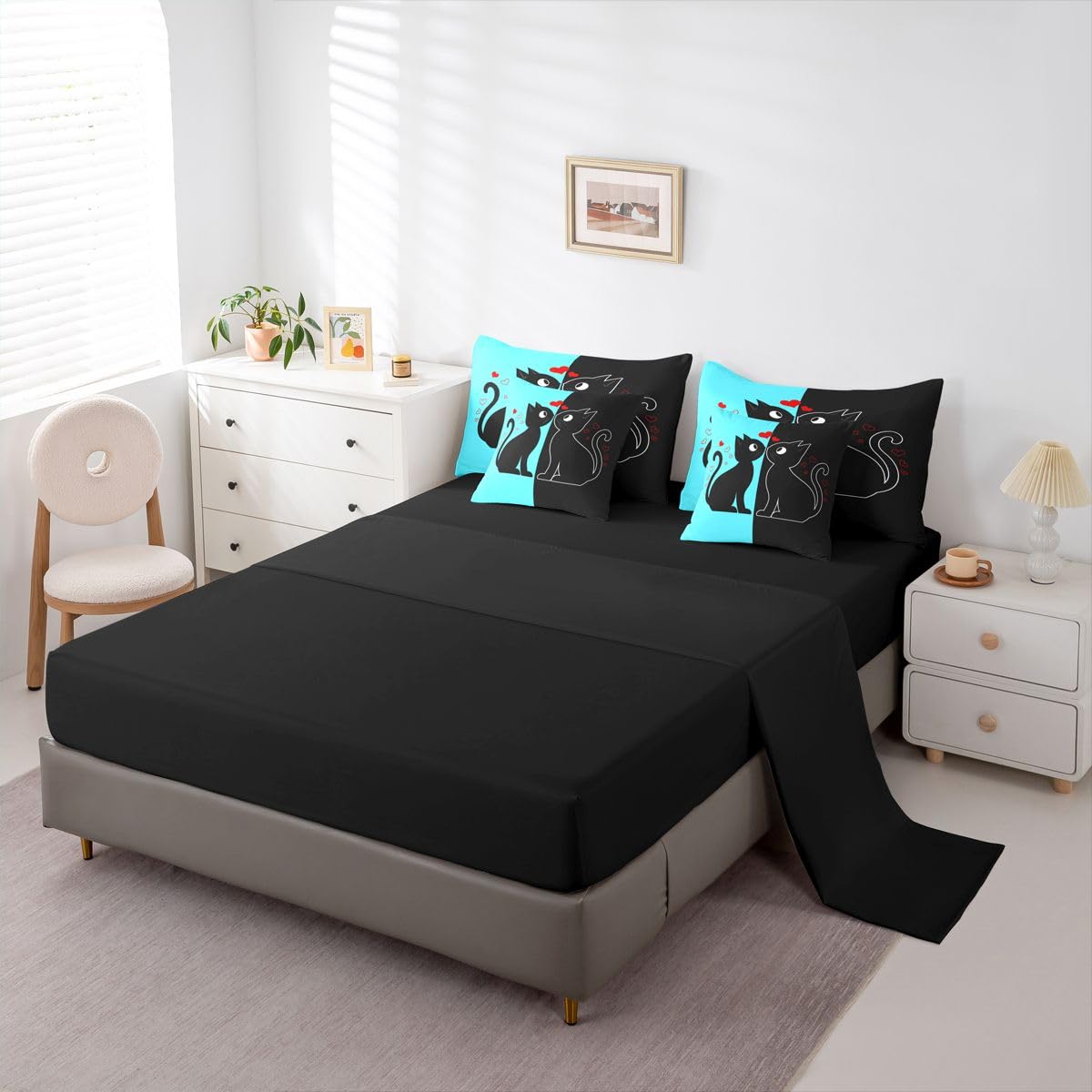 Erosebridal Cute Black Cat 7-Piece Bedding Set Full Size (Blue and Black) | Valentine's Day Cats Bed in a Bag for Couple Lovers Romantic Cats Comforter Set with Sheets Kawaii Pet Animal Duvet Insert