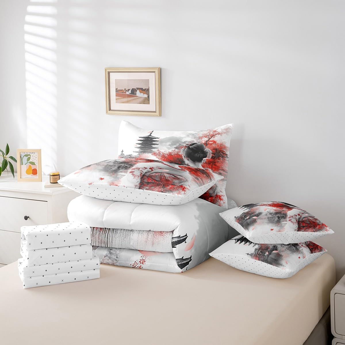 Feelyou Japanese Geisha Comforter Set Twin 7 Pcs Cherry Blossoms Maple Leaf Lake Bedding Set Japanese Style Traditional Architecture Bed in a Bag with Comforter, Sheets, Pillowcases & Cushion Cover