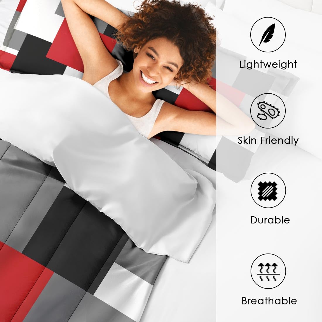 Culudea Geometric Red Checkered Comforter Set Twin Size, Black and Gray Modern Soft Bedding Set with Pillowcases for Girls Teens Kids Boys Adults Bedroom Bed Decor,1 Quilt 1 Pillow Case