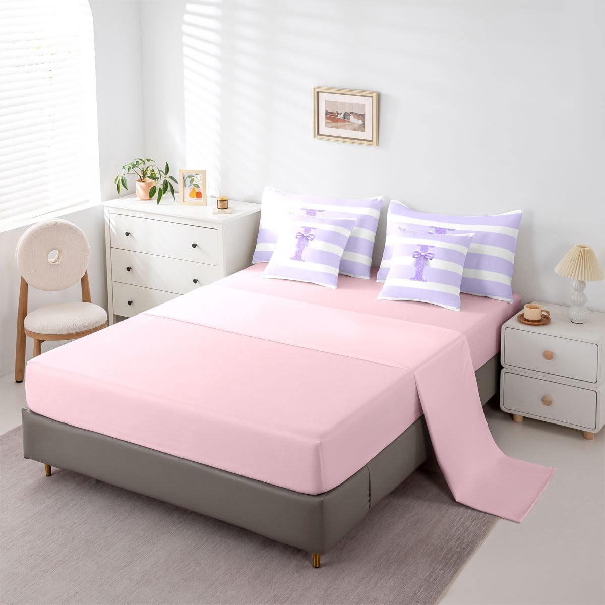 Erosebridal Monogram Letter I Kids Bed in A Bag Purple Bow Initial Letter Comforter Set Full Size Modern Aesthetic Stripes 7 Piece Bedding Set for Girls Teens Women Kawaii Glitter Bowknot Bed Sets