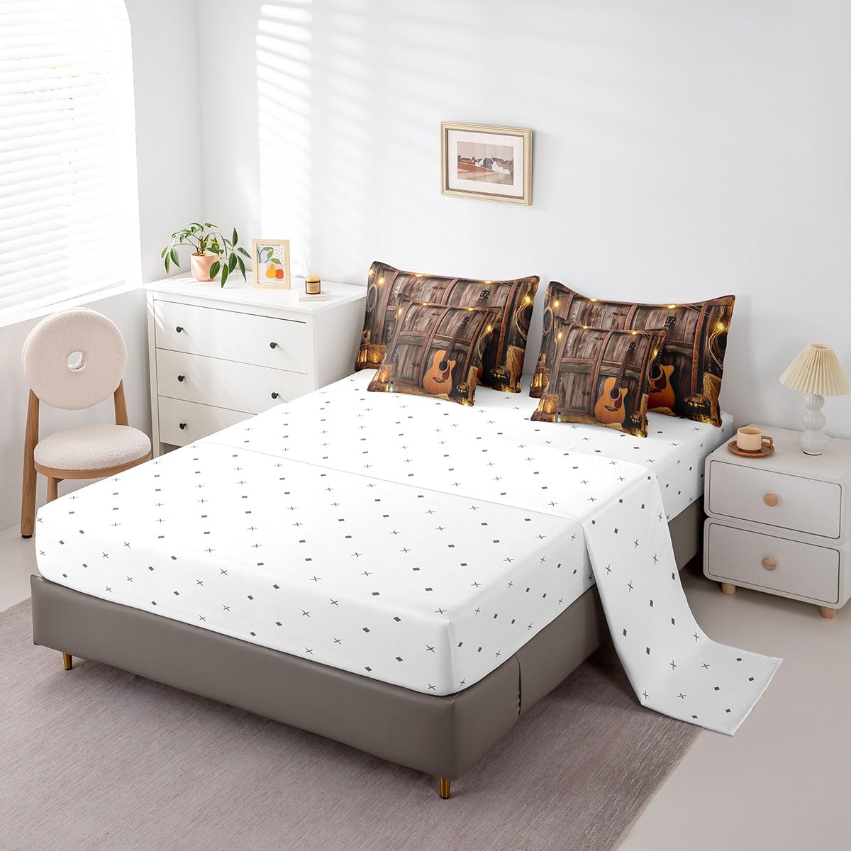 Feelyou Western Comforter Set 7 Pieces Twin Size Kids, Rustic Barn Bedding Set Boys Girls, Farmhouse Guitar Bed in a Bag,Comforter + Sheets + Pillowcases + Cushion Covers