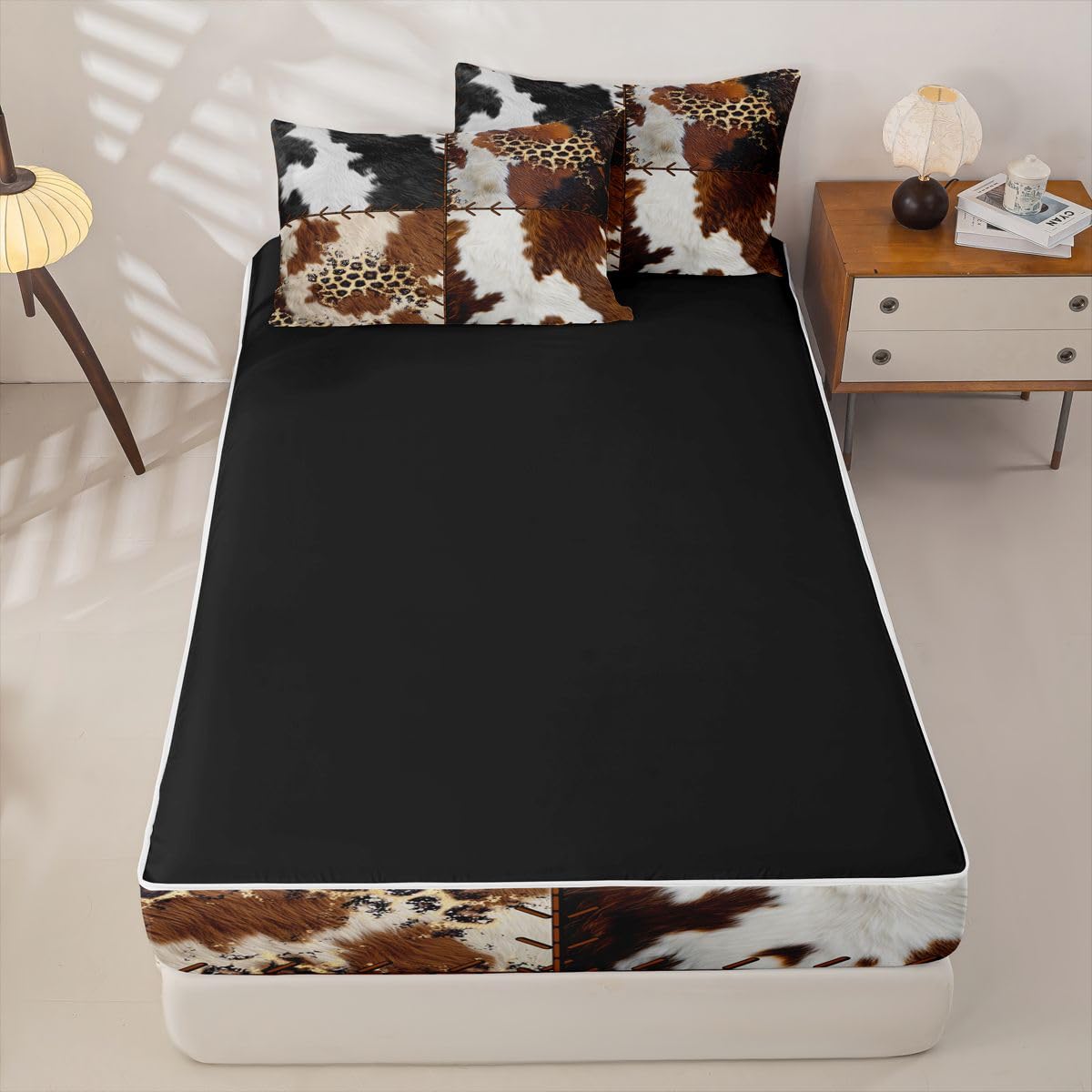 Feelyou Cow Fur Zipper Bedding Sets Kids Cowhide Print Queen Comforter Set with Fitted Sheet Boys Girls Decor Western Farm Animal Skin Comforter Plaid Grid Black Yellow Bed in A Bag