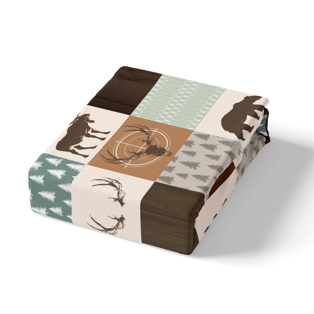 Castle Fairy Wild Animal Hunting Fitted Sheet Full Size,Rustic Bear Deer Antler Arrow Patchwork Bed Set for Girls Teens Room Plaid Retro Country Board Polyester Bedding with Flat,Fitted,2 Pillowcases
